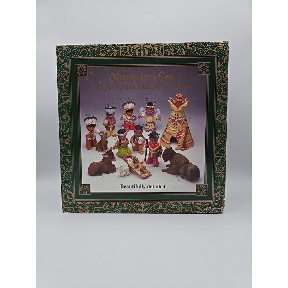 Vintage Caffco 13 Piece Hand Painted Native American Porcelain Nativity Set